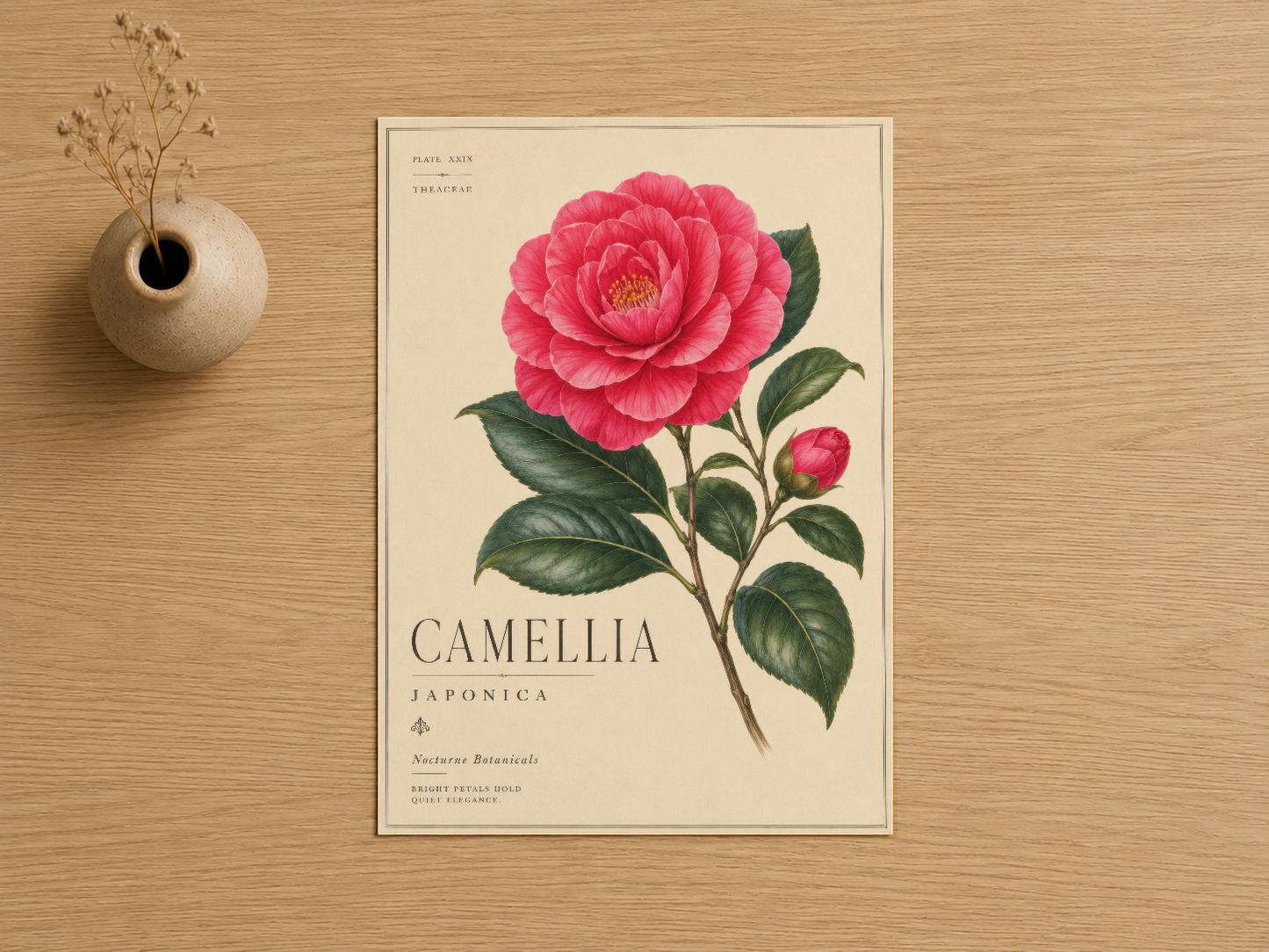 Canlı pembe kamelya yaprakları ve tomurcuklarıyla klasik botanik art print, krem zemin üzerinde.