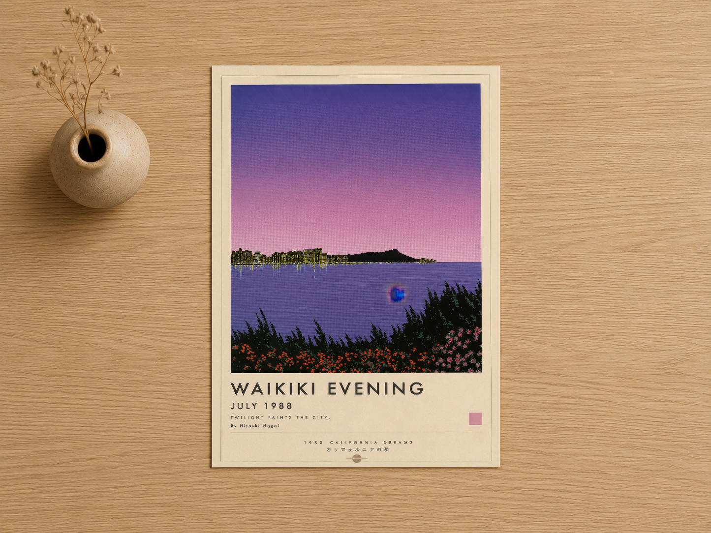 Waikiki Evening tablosu, mor-pembe gün batımı ve deniz manzarası ile huzur dolu bir sanat eseri sunan poster baskı.