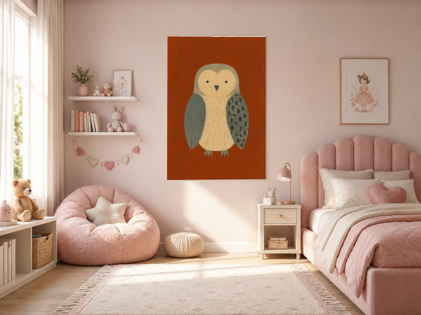 Pastel pembe yatak odası duvarında yer alan, toprak tonlu baykuş sanat baskısı.