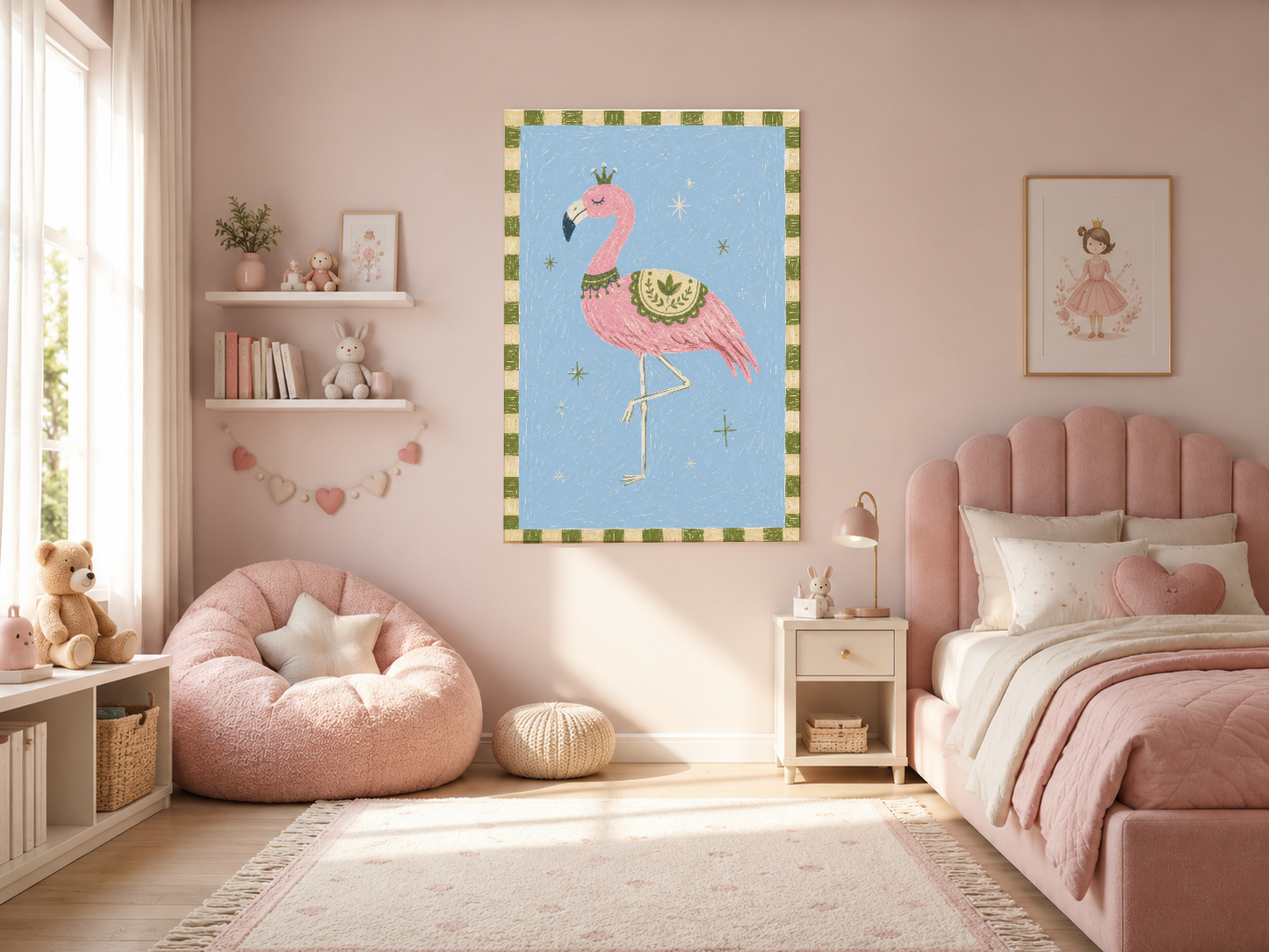 Taç taşıyan pembe flamingoyu gösteren sanat baskısı, pembe çocuk yatak odasının duvarında asılı.