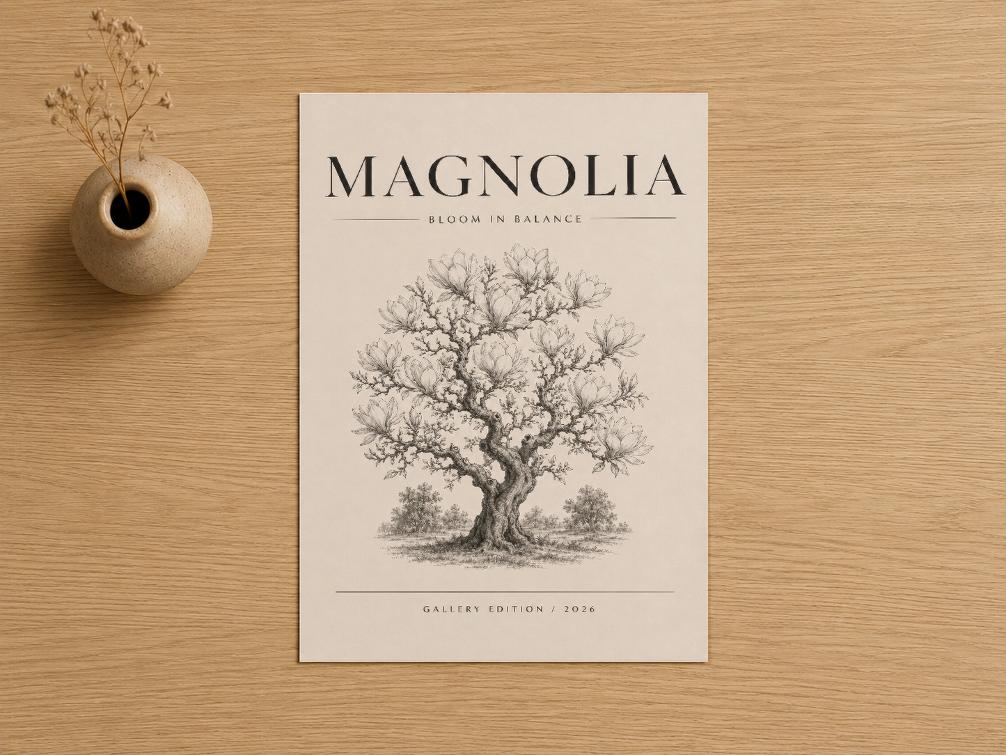 Krem renkli zemin üzerinde, zarif siyah çizgi sanatıyla işlenmiş Magnolia ağacı posteri.