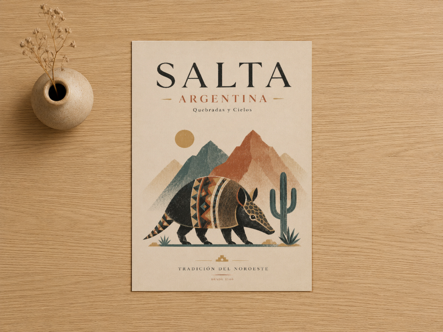 Salta Argentina tablosu, armadillo ve dağ motifli, sıcak toprak tonlarında çizilmiş sanat baskısı.