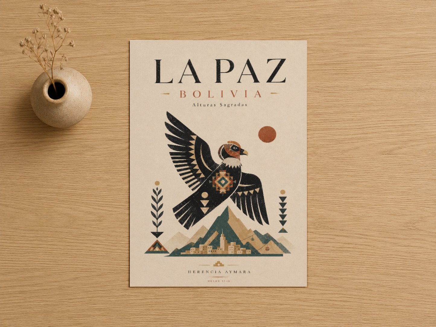La Paz Bolivia tablosu, stilize kuş ve dağ composisyonu ile etnik sanat stiliyle bezelidir.