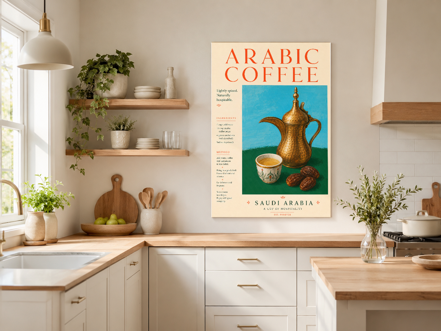 Sıcak tonlu Arabic Coffee baskısı, mutfak duvarında sanat ve kültür unsuru sağlayan retro poster.