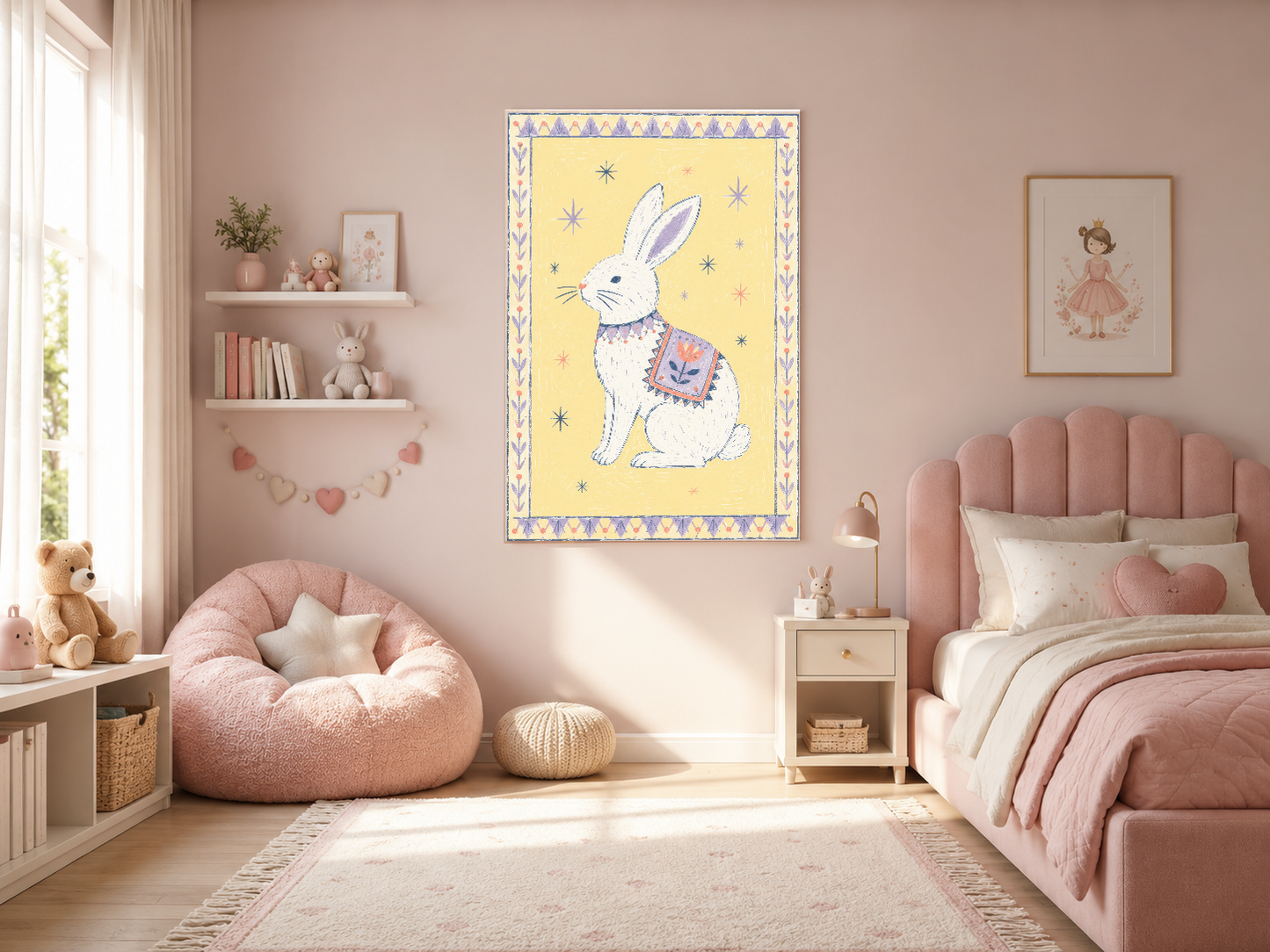 Boho tarzı tavşan portresi, pembe kız odasında duvar sanatı olarak romantik ve neşeli bir atmosfer sunar.