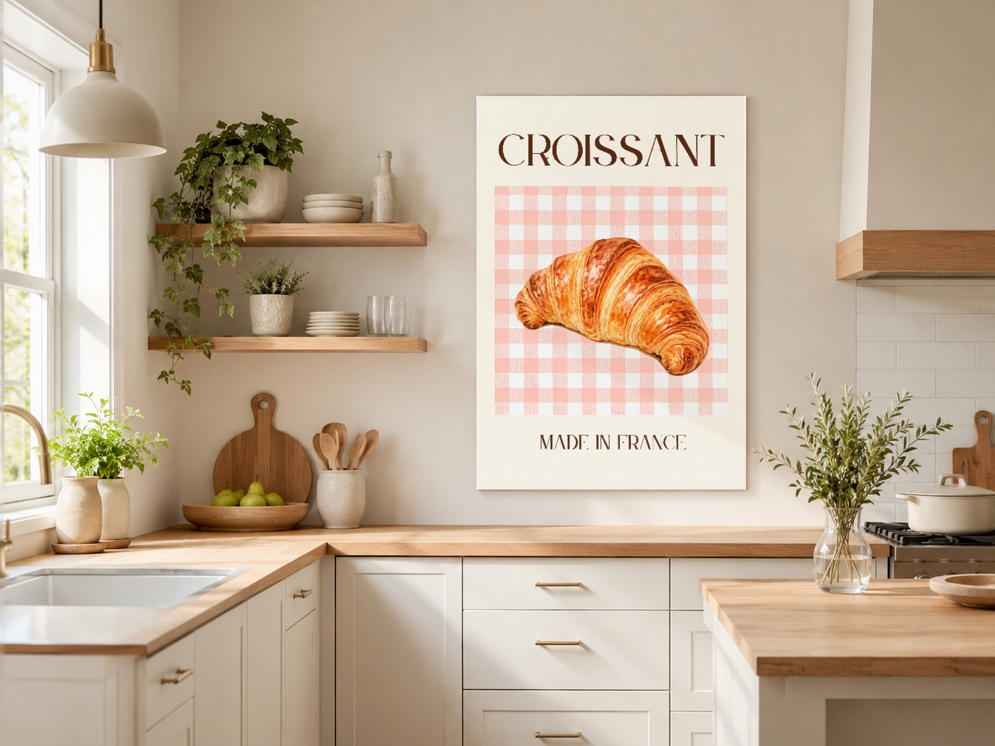 Retro estetikteki Croissant tablosu, Made in France yazısı ve pembe kareli pattern ile, aydınlık mutfakta doğal ahşap