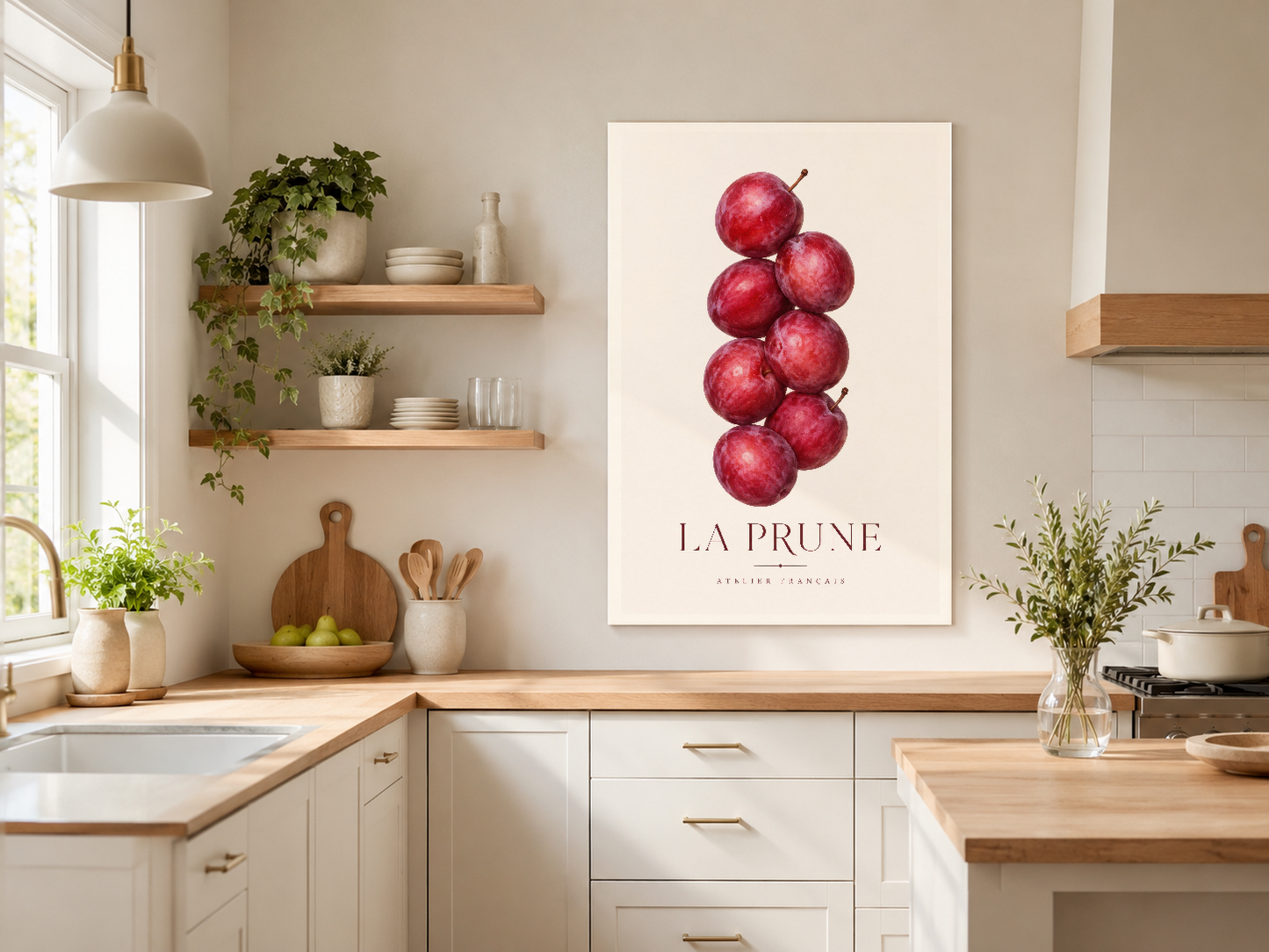 Canlı kırmızı eriklerin sanat baskısı, aydınlık mutfak alanında zarif ve minimalist bir görünüm yaratıyor.