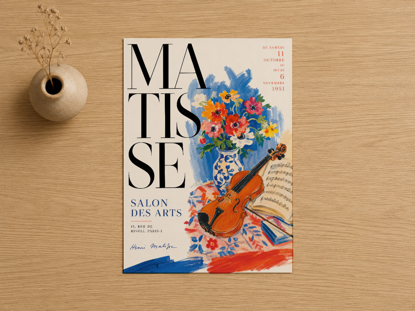 Matisse sanat baskısı, 1951 Salon des Arts afişi, renkli çiçek bukesi ve keman ile tipografi tasarımı.
