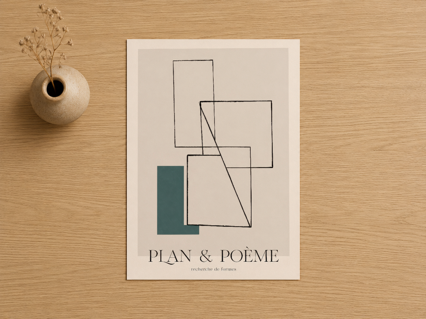 Plan & Poème yazılı soyut geometrik tasarım, çizgi ve yeşil renk kombinasyonlu sanat baskısı.