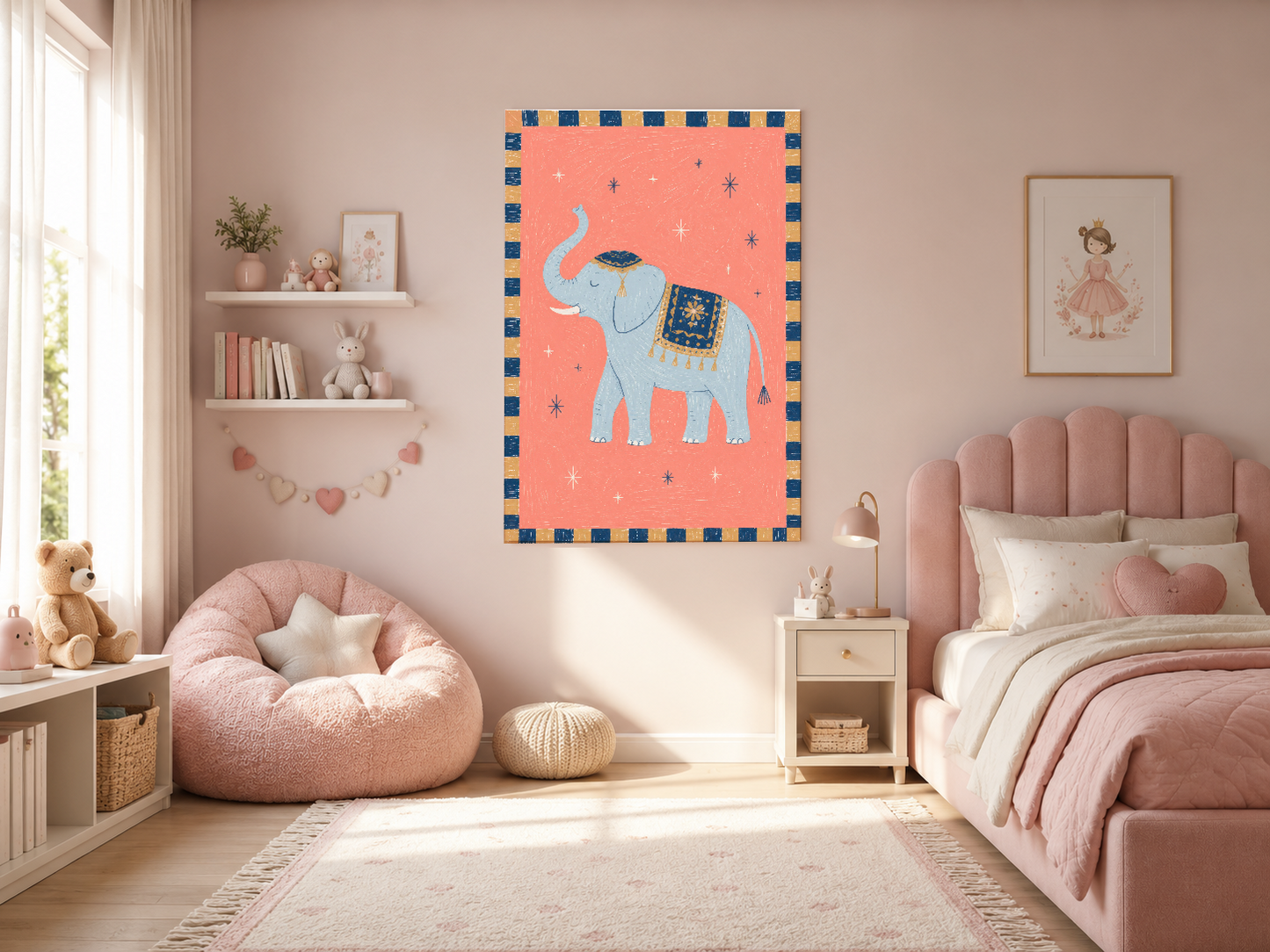 Pembe çocuk odasında yatak üstünde, dekoratif mavi bordürlü fil tablosu.