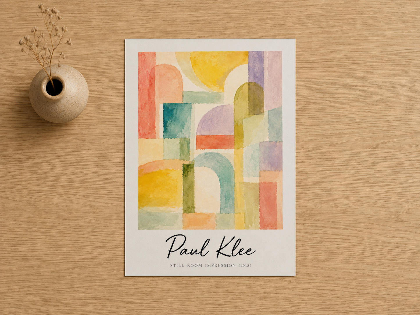 Paul Klee imzalı sanat baskısı, su renkleri ve geometrik şekiller aracılığıyla yirminci yüzyıl modernizminin özünü yakalıyor.