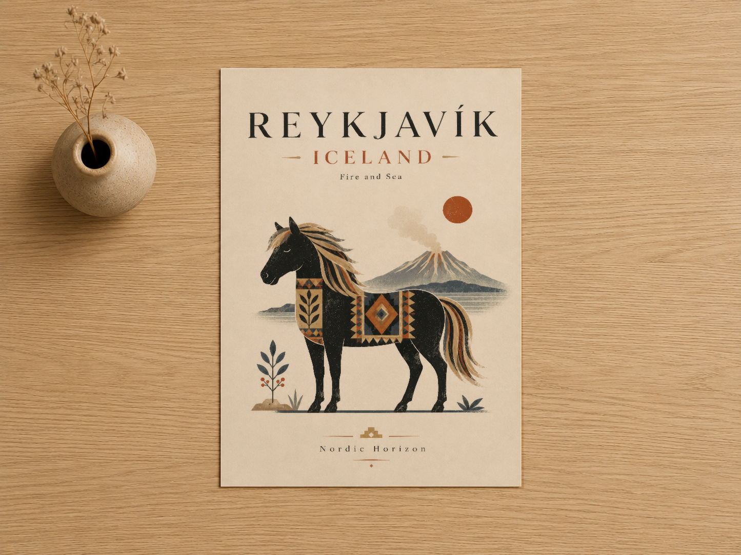 Dağ ve güneş motifleri içeren, dekoratif eyerli siyah at deseni Reykjavik posteri.