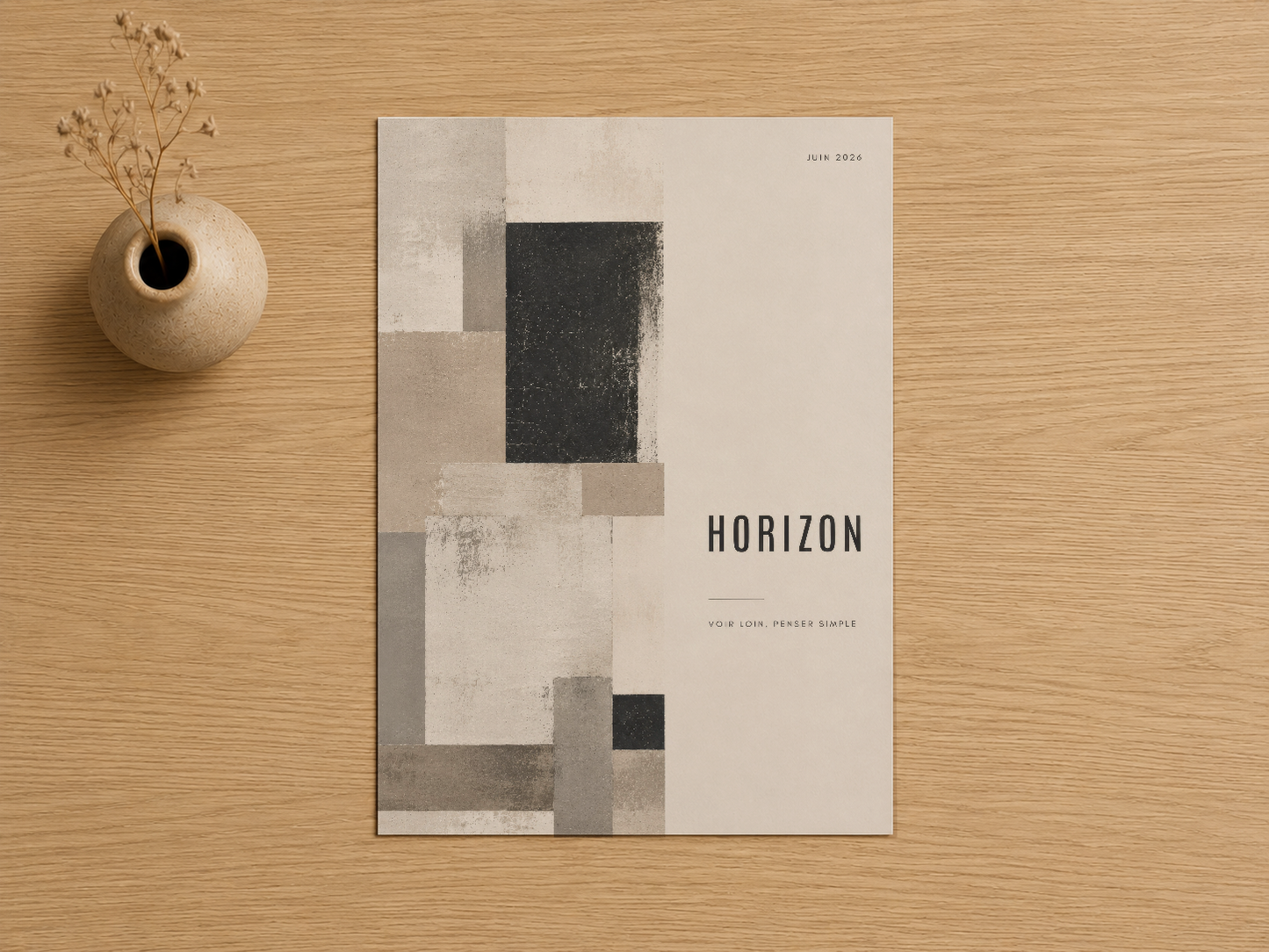 Horizon tablosu, ahşap zeminde seramik vazo ve kuru otlarla yanında, soyut sanat baskısının ayrıntılı görünümü.