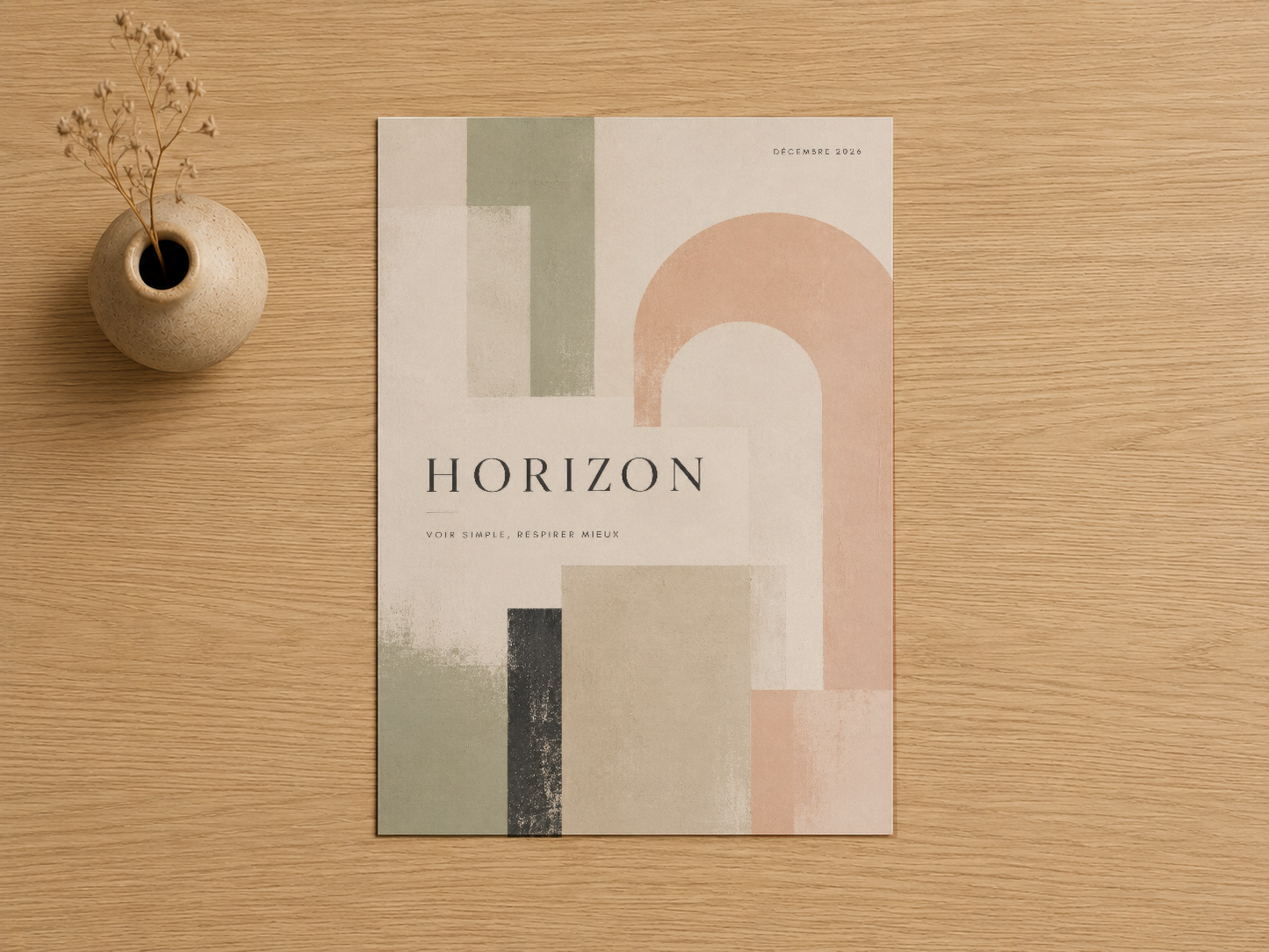 Horizon soyut tasarım tablosu, geometrik şekiller ve pastel renklerle minimalist estetik sunuyor.