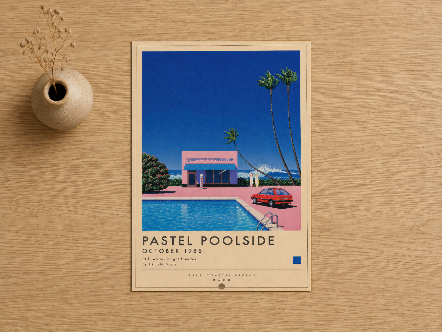 Pastel Poolside posteri, retro estetik ve parlak mavi gökyüzü, pembe havuz, stil otomobil ile 1988 tasarımını sunuyor.