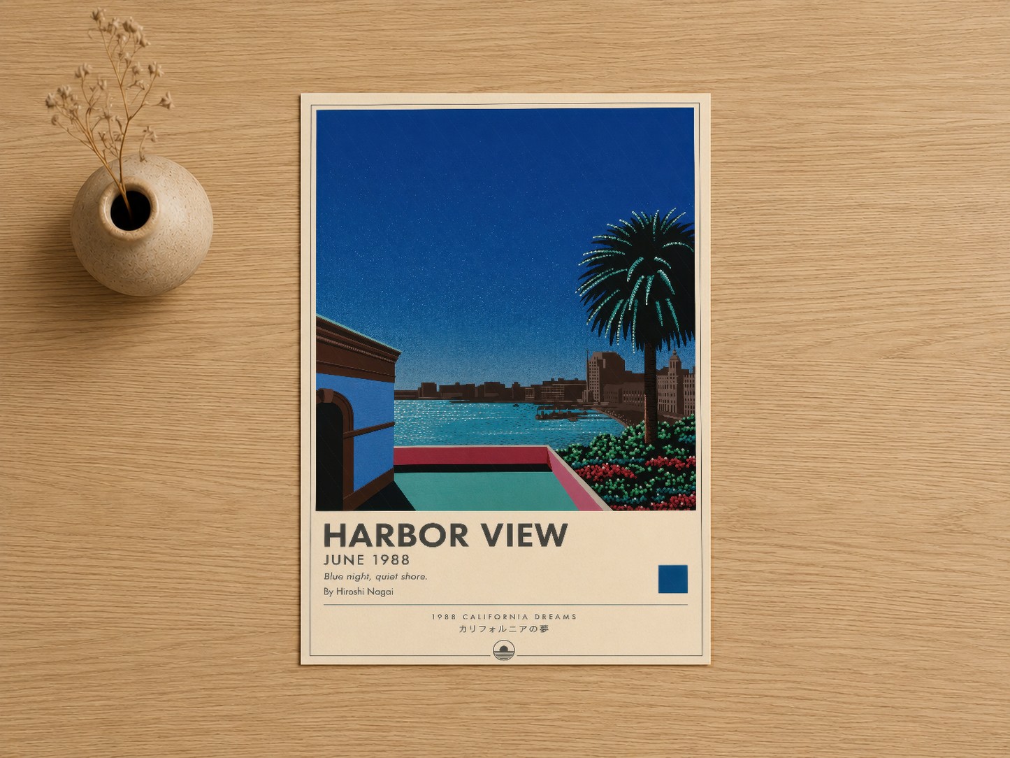 1988 California Dreams koleksiyonundan Harbor View tablosu, palm ağaçları ve turkuaz suyu tasvir eden açık mavi arka plan.