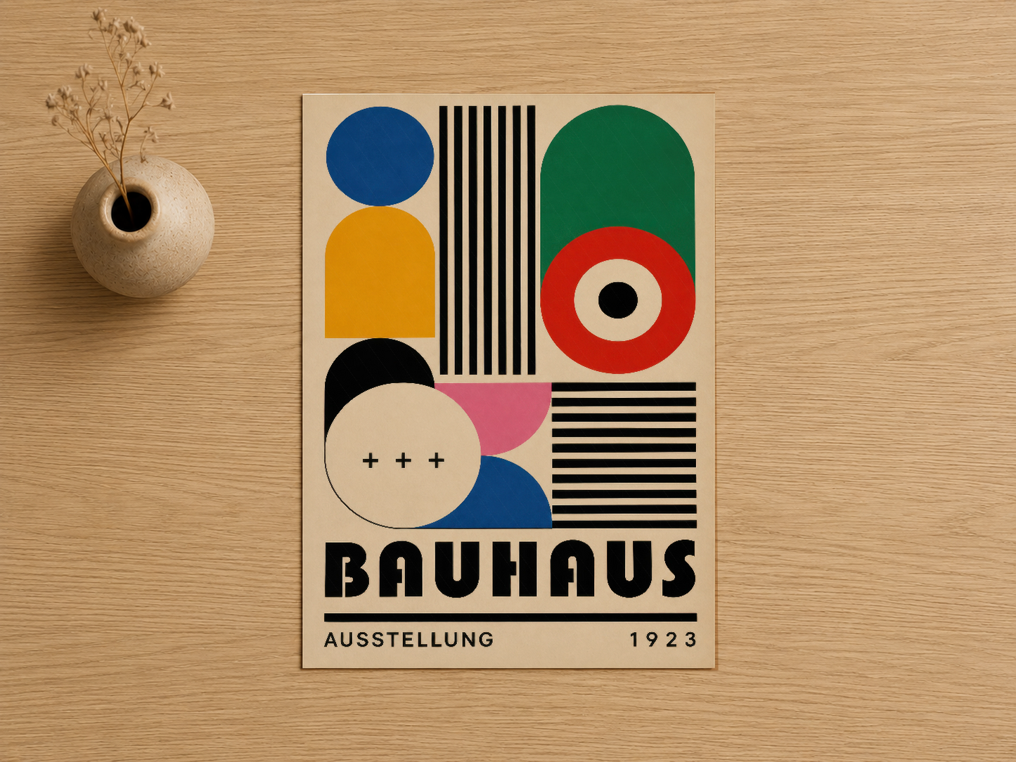Bauhaus Ausstellung 1923 sanat baskısı, art deco tarzında daireler, çizgiler ve renklerle geometrik estetik sunar.