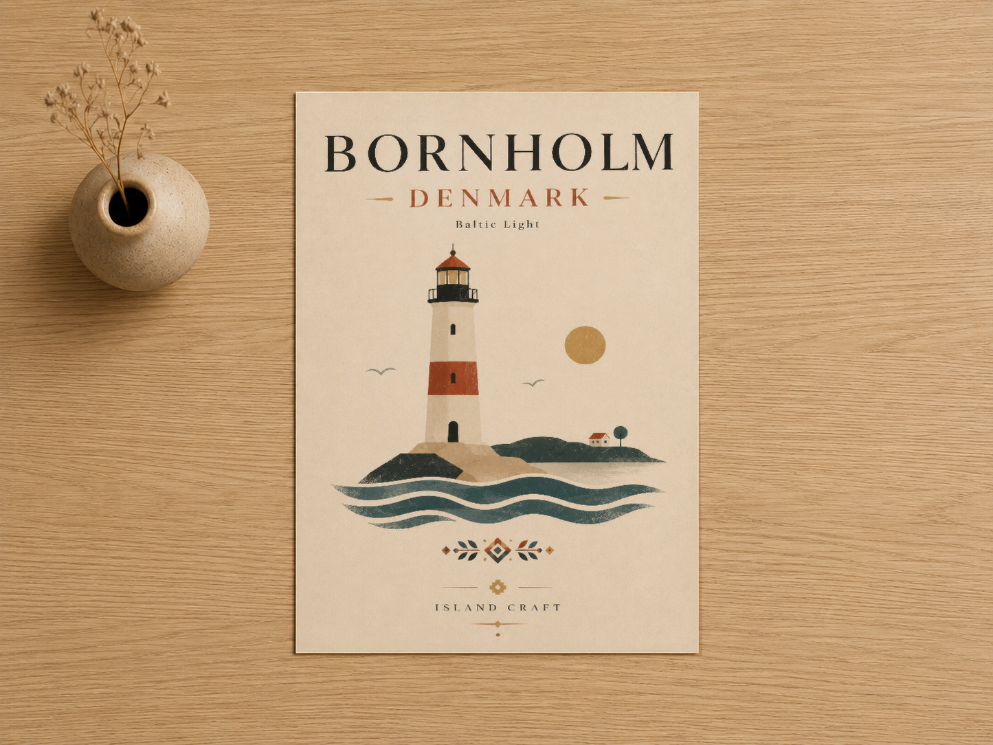 Bornholm fenerinin stilize edilmiş görseli, deniz dalgaları ve geometrik motiflerle tasarlanmış duvar tablosu.