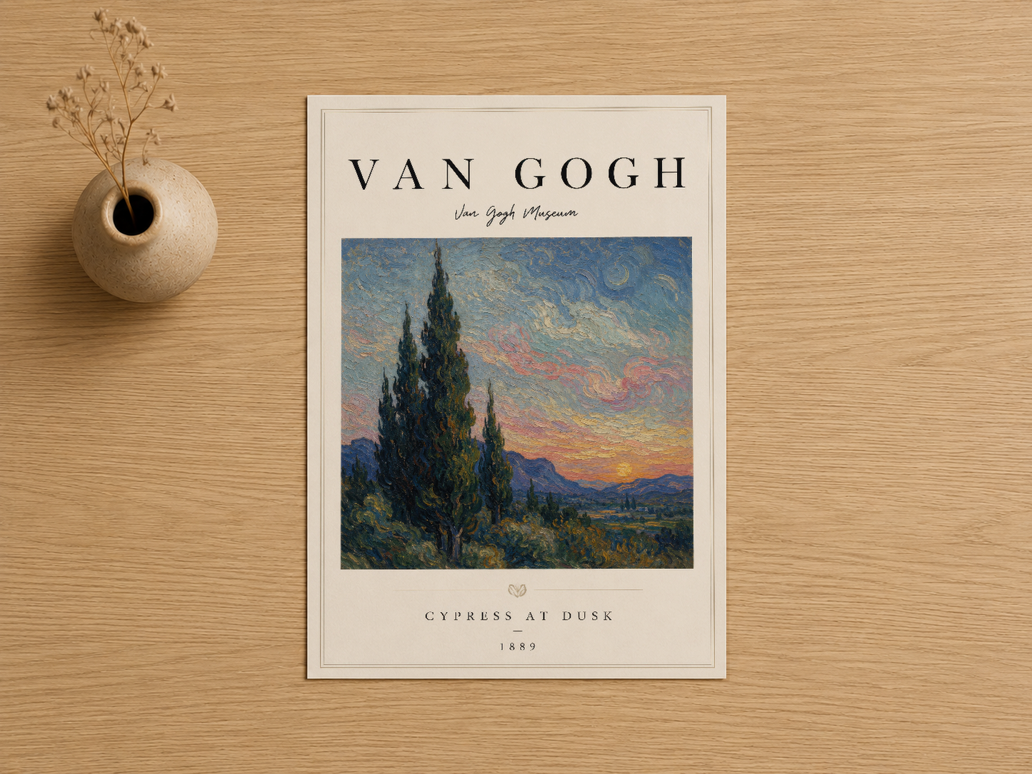 Van Gogh Gün Batımında Selvi, beyaz çerçevede, klasik sanat posterinin detay görünümü.
