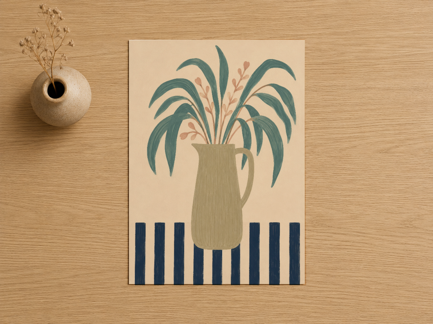 Geometrik çizgiler ve pastel renklerle tasarlanmış, stilize bitki tasvirli sanat baskısı.