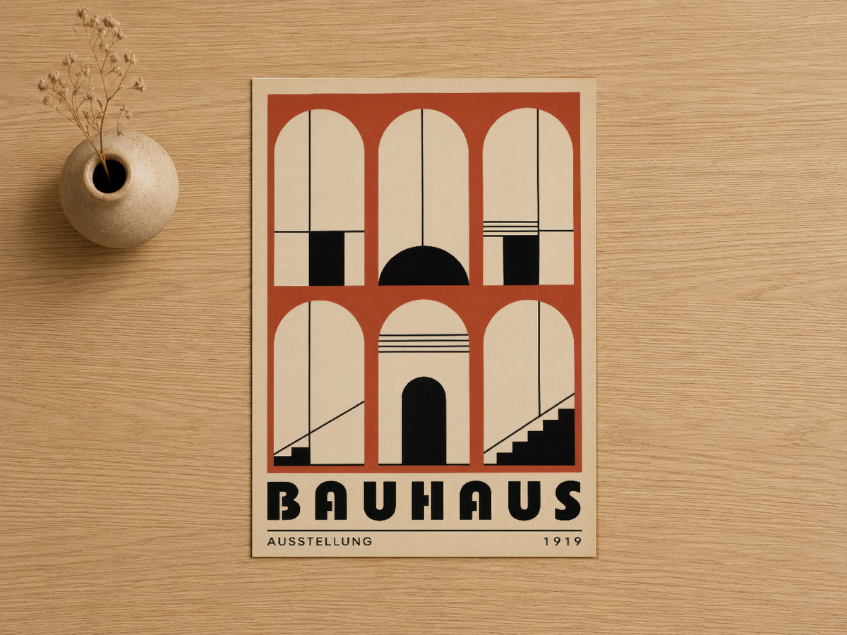 Kırmızı ve bej tonlarında Bauhaus tasarımlı poster, geometrik kaph ve mimari formları ile 1919 sergisini temsil eden baskı.