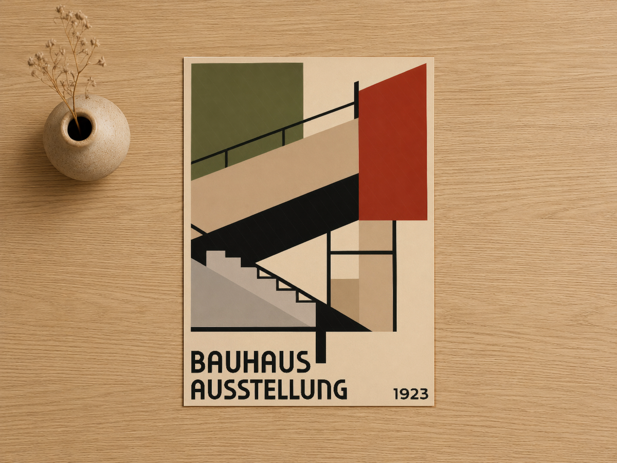 Bauhaus Ausstellung 1923 baskısı, siyah çerçeve içinde kremsi zemin üzerinde yeşil, kırmızı ve siyah geometrik form oyununu