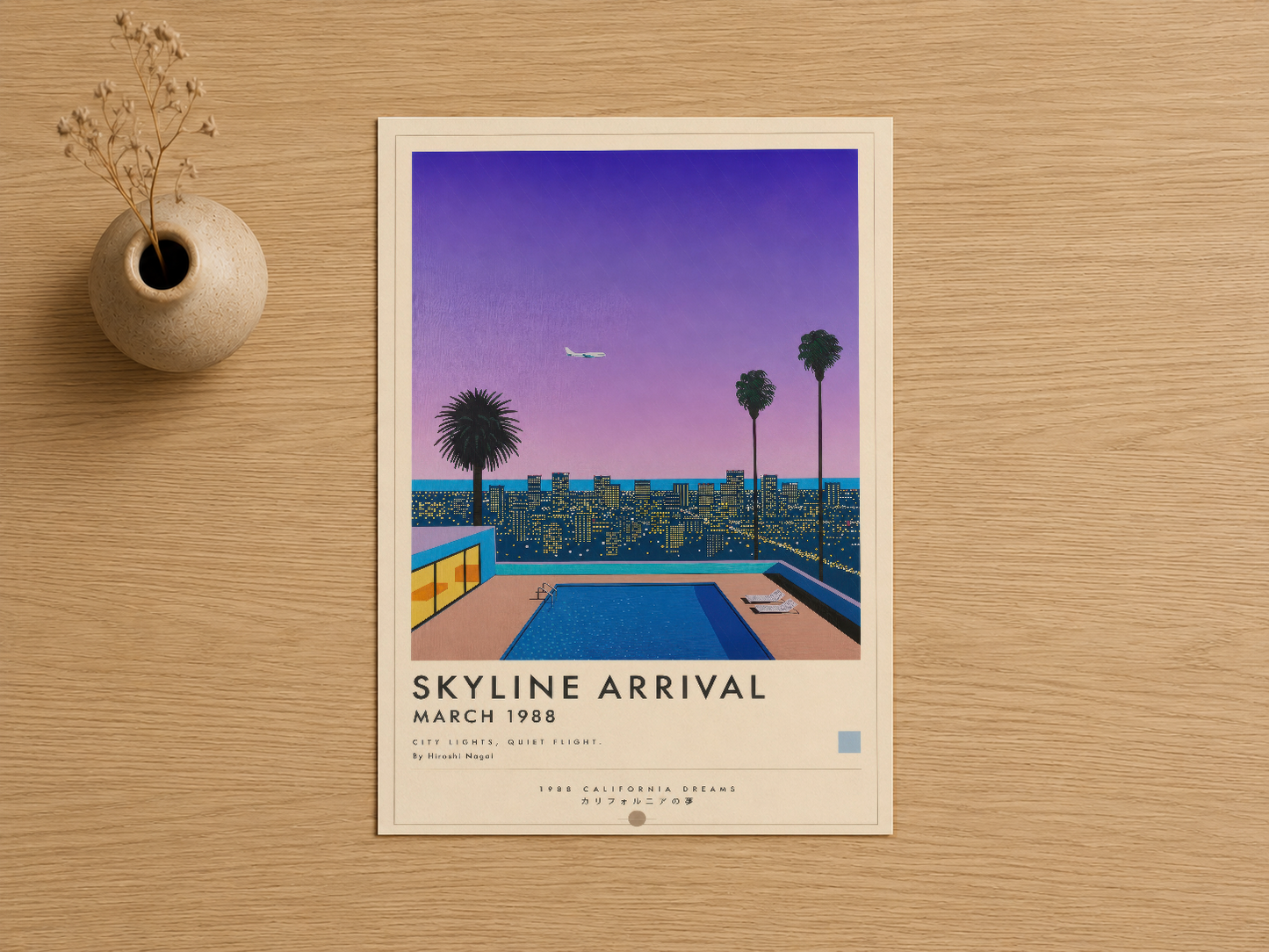 Los Angeles'ın ikonik palmiye ağaçları ve şehir ufku ile çizimi yapılan Skyline Arrival posteri.