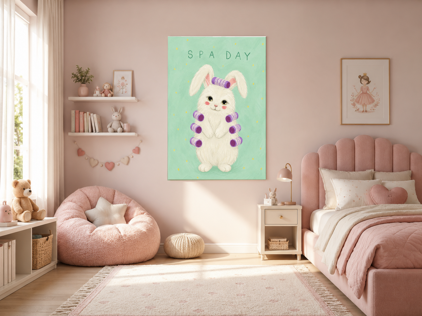Pembe çocuk yatak odası dekorasyonunda, yatak başında mor duveti detaylı tavşan posteri.