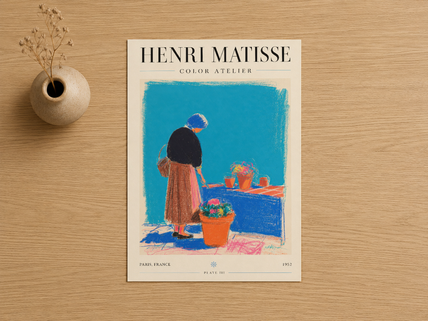 Henri Matisse Color Atelier tablosu, 1952 yılı Paris baskısı, soyut geometrik şekillerde figüratif portre sanatı.