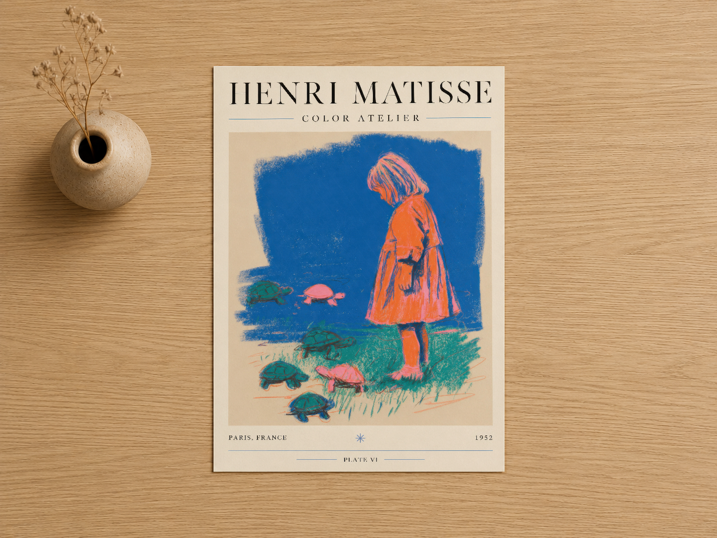 Henri Matisse Color Atelier baskısı, krem zemin üzerine, çocuk figürü ve hayvan motiflerinin canlı renkleriyle.