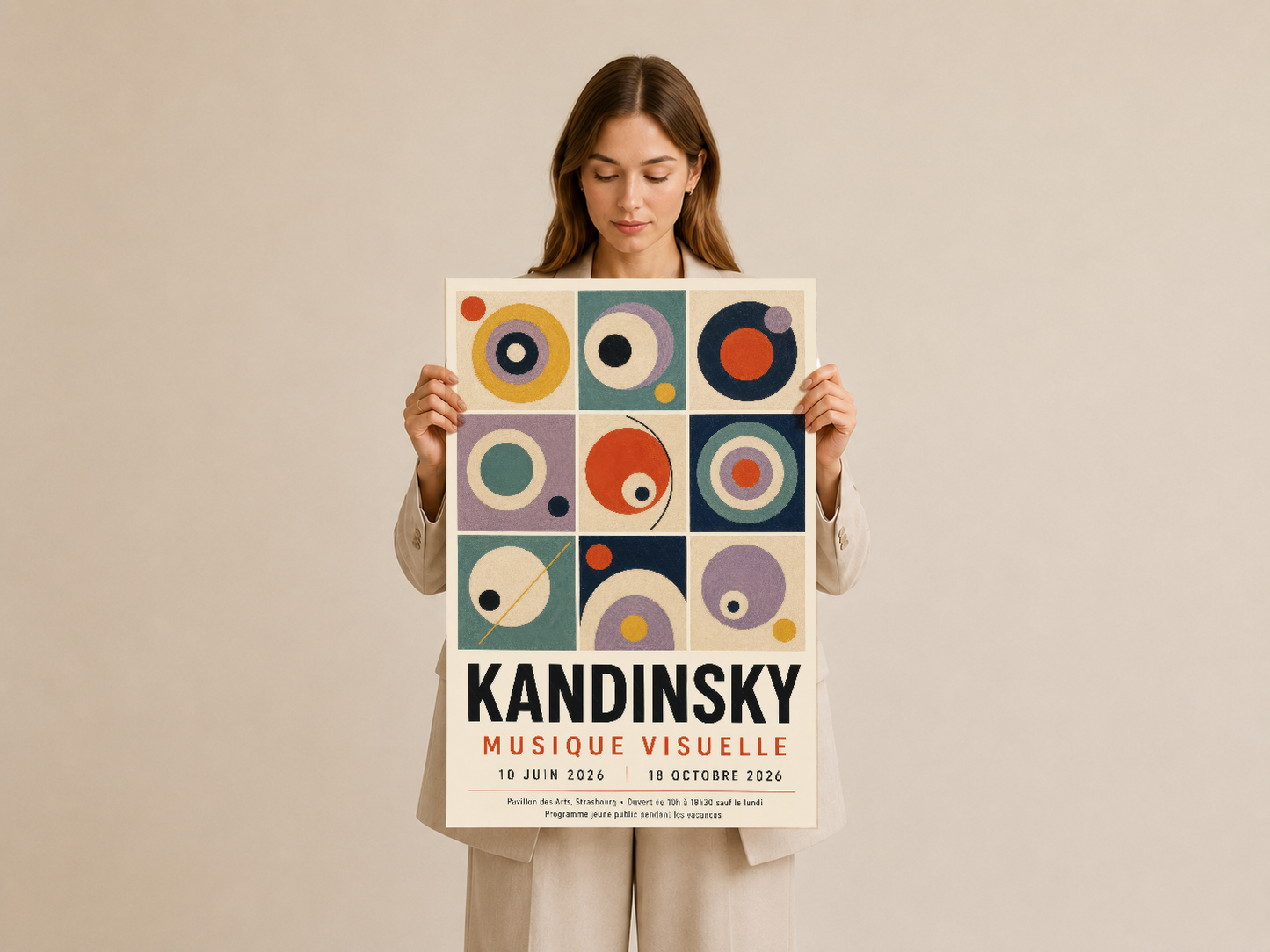 Kandinsky Musique Visuelle poster, canlı geometrik çemberler ve soyut tasarım içeriyor.