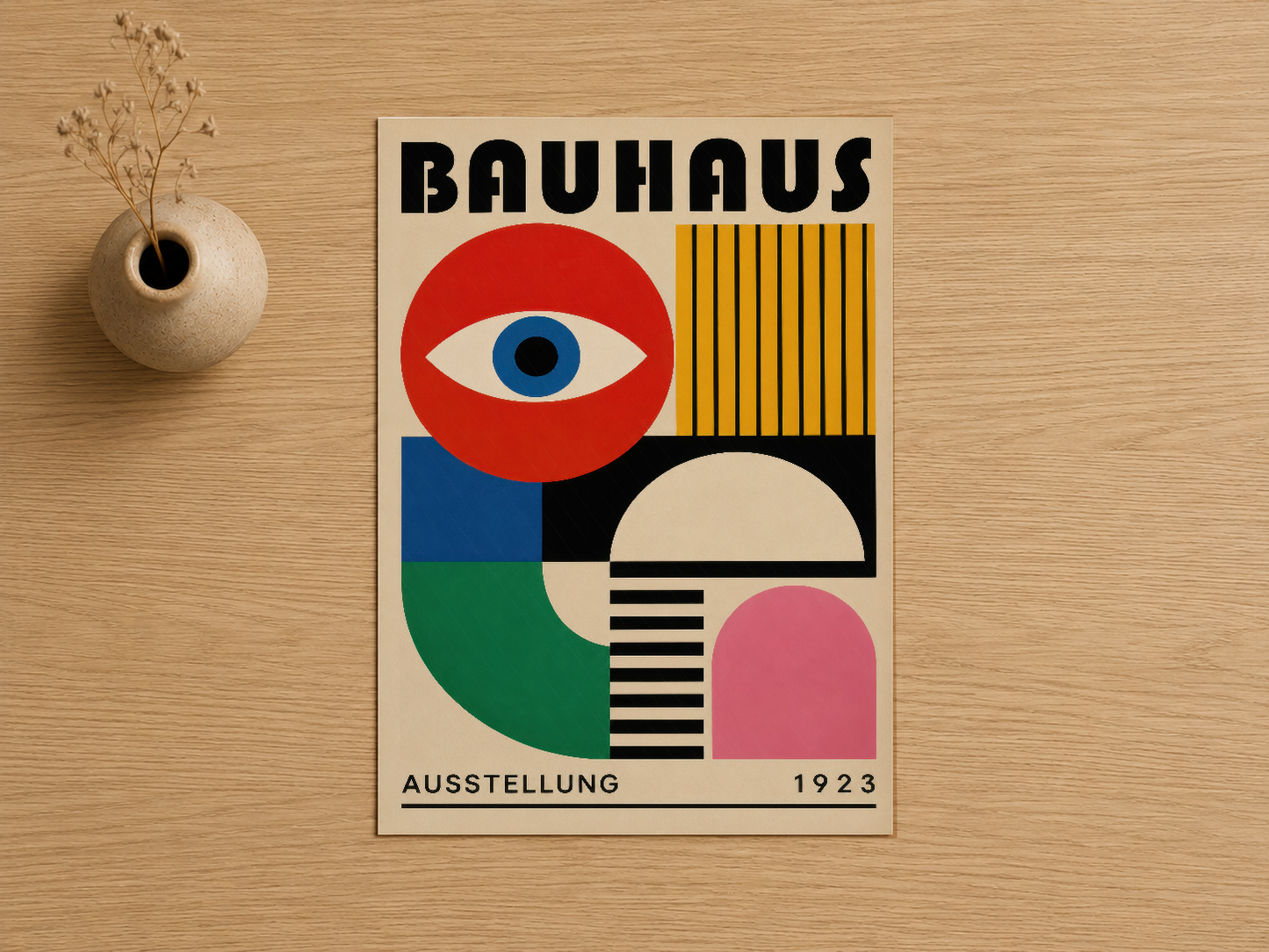 Bauhaus 1923 sergisi afişi, cesur kırmızı göz, sarı çizgiler ve renkli geometrik formlarla art-deco stilinin ikonik tasarımı.