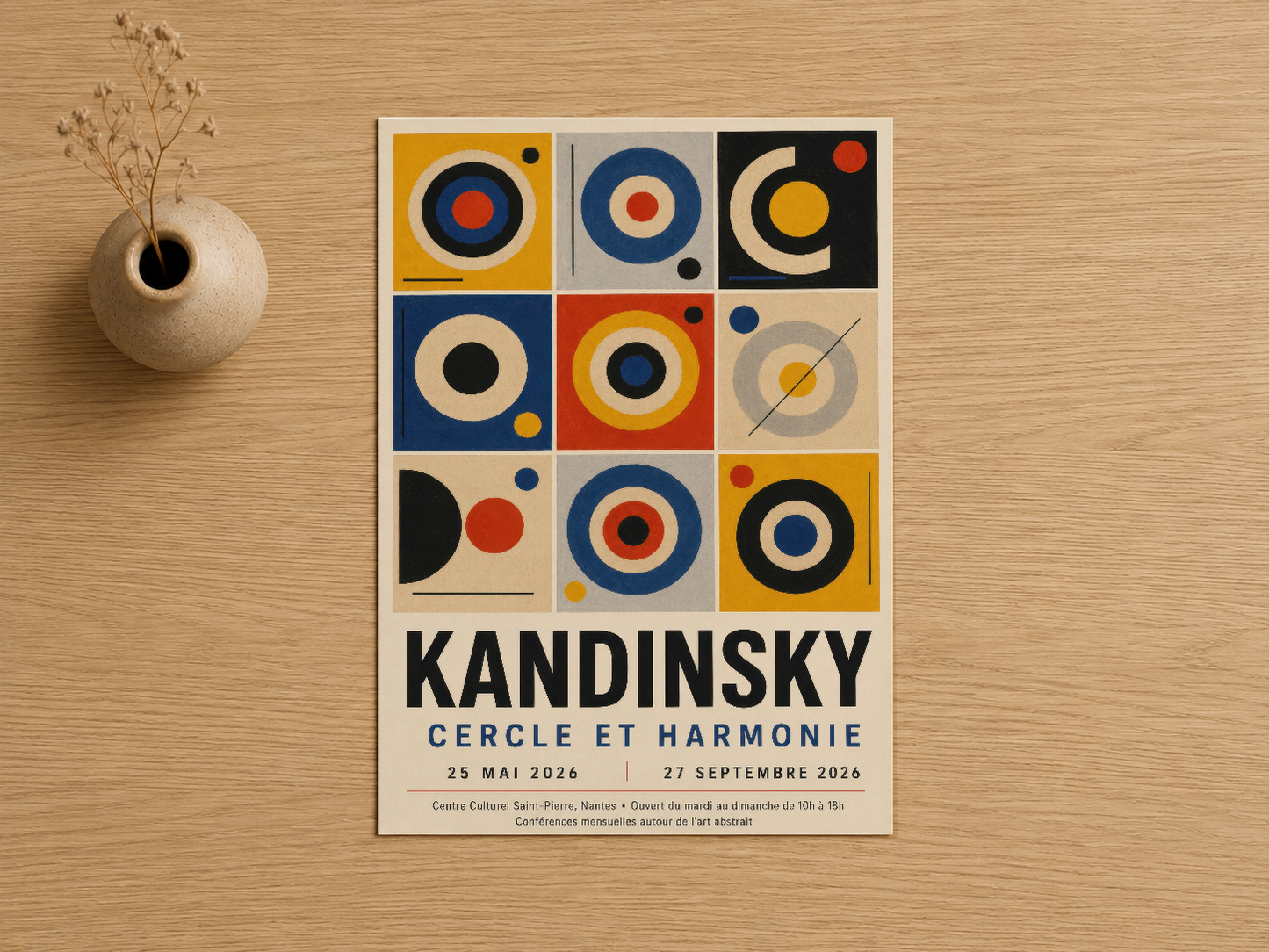 Kandinsky'nin ikonik Çemberler ve Uyum tablosu, rengarenk geometrik şekiller ve tipografisiyle.