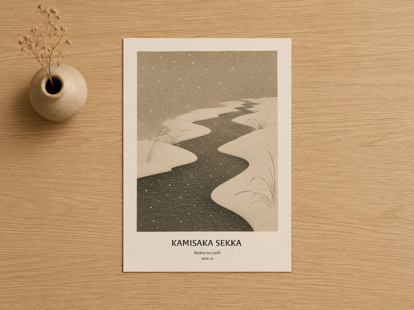 Kamisaka Sekka Korna no Yuki tablosu, Japon sanatından esinlenen siyah ve krem tonlarıyla tasarlanmış.