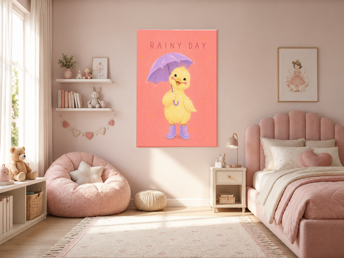 Pembe yatak odasında, kız çocuğu başucu üzerinde asılı şemsiyeli sarı ördek sanat tablosu.