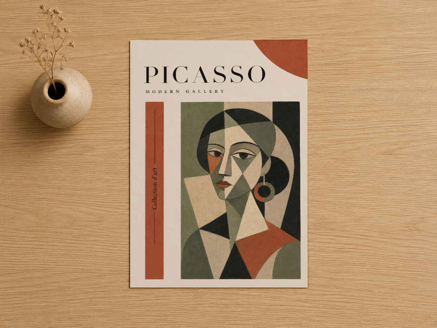 Picasso Modern Gallery tablosu, ahşap zemin üzerinde, geometrik kadın portresi tasarımı.