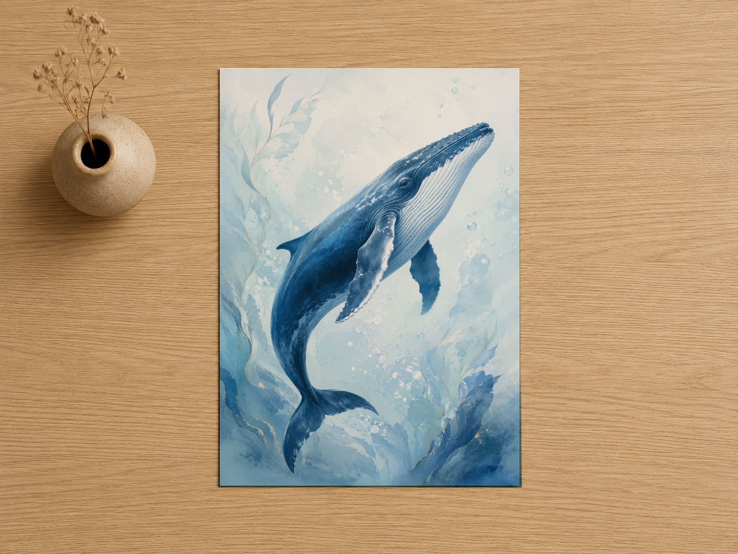 Yumuşak mavi renk gradasyonunda suya dalış yapan balina figürü, detaylı sanat baskısı olarak estetik şekilde sunuluyor.