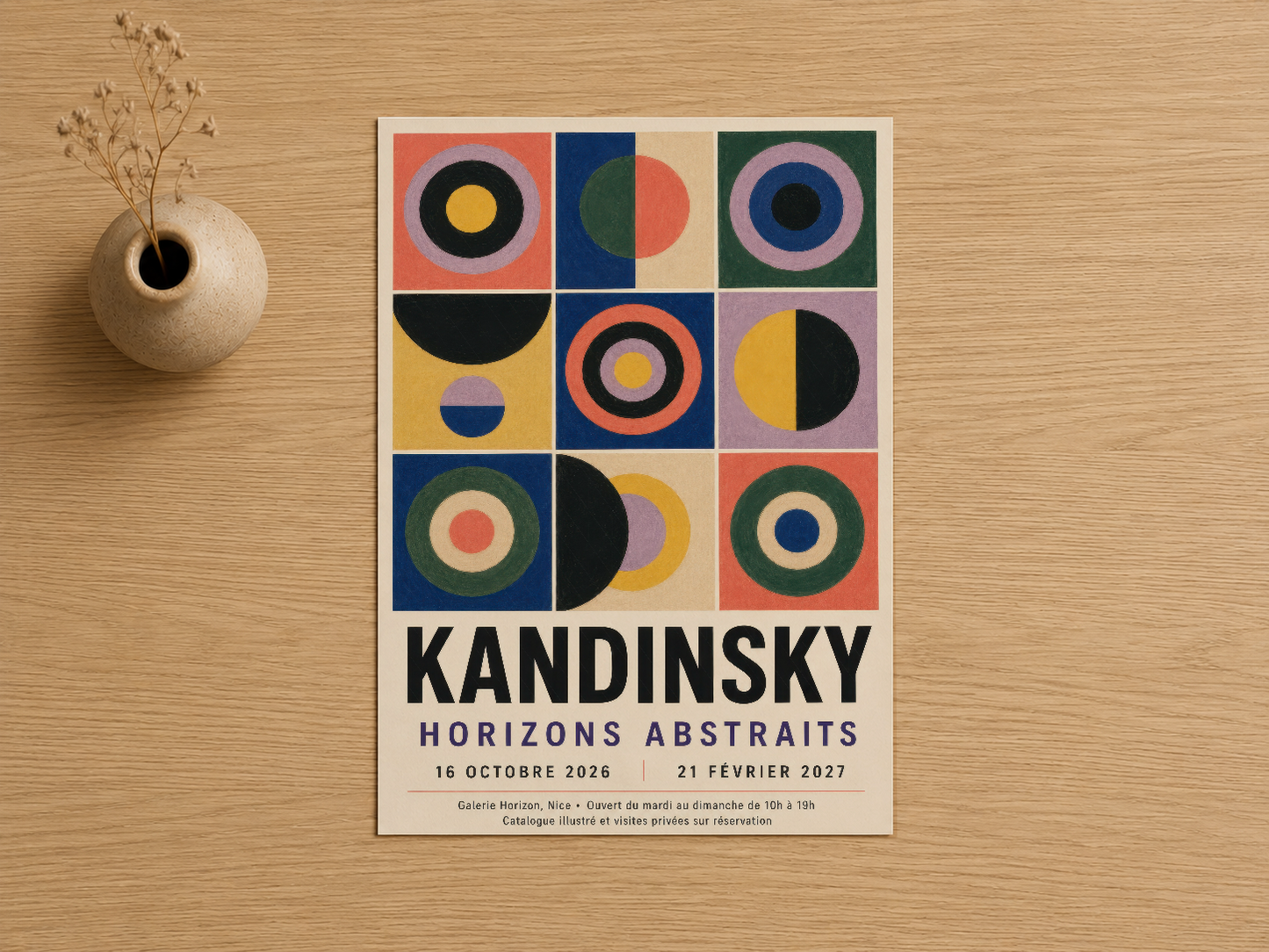 Kandinsky Horizons Abstraits duvar tablosu, renkli daireler ve geometrik formlarla soyut sanat stilinde tasarlanmış poster