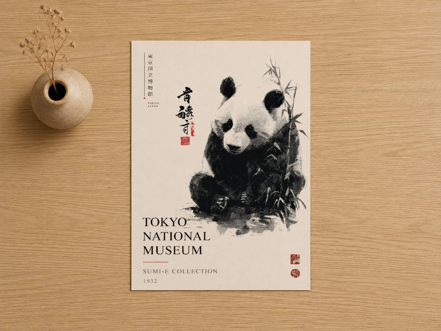 Tokyo Müzesi Sumi-e koleksiyonundan panda portresi, siyah beyaz tinta çizimli sanatsal duvar tablosu 1932'den esinlenmiş.