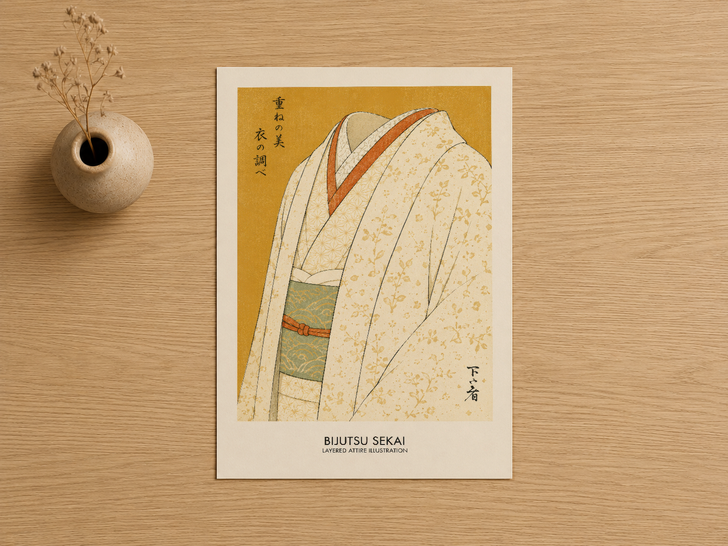 Beyaz kenarlı çerçevede japon sanat tarzı kimono illüstrasyonu, sıcak sarı arka planda hassas detaylarla.