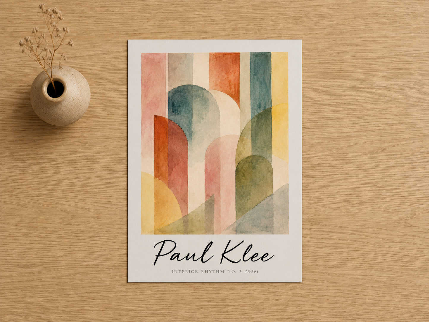 Renkli dikey şeritler ve tasarlanmış dairelerden oluşan Paul Klee sanat baskısı, soyut ekspresyonizmle dikkat çeker.