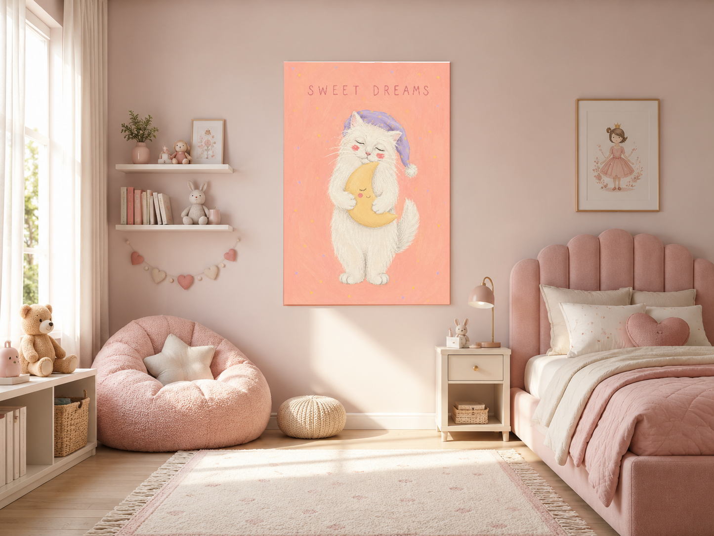 Pastel pembe arka planda mor şapkalı, sarı ayı saklayan tatlı kedi illustrasyonu.