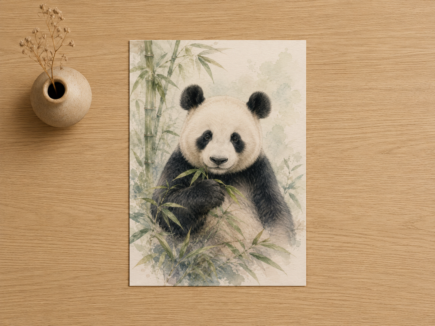 Çiçek vazosu yanında, yapraklı panda sanatsal detayıyla hazırlanmış doğa temalı portre tablosu.