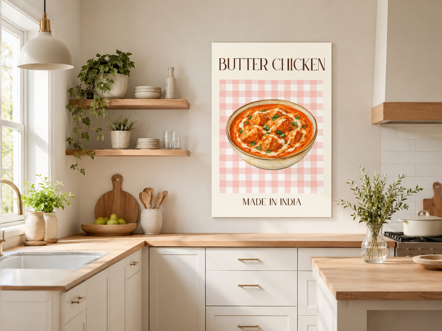 Krem zemin üzerinde pembe kareli desen ve parlak Butter Chicken görselli sanat baskısı mutfak dekorasyonu.