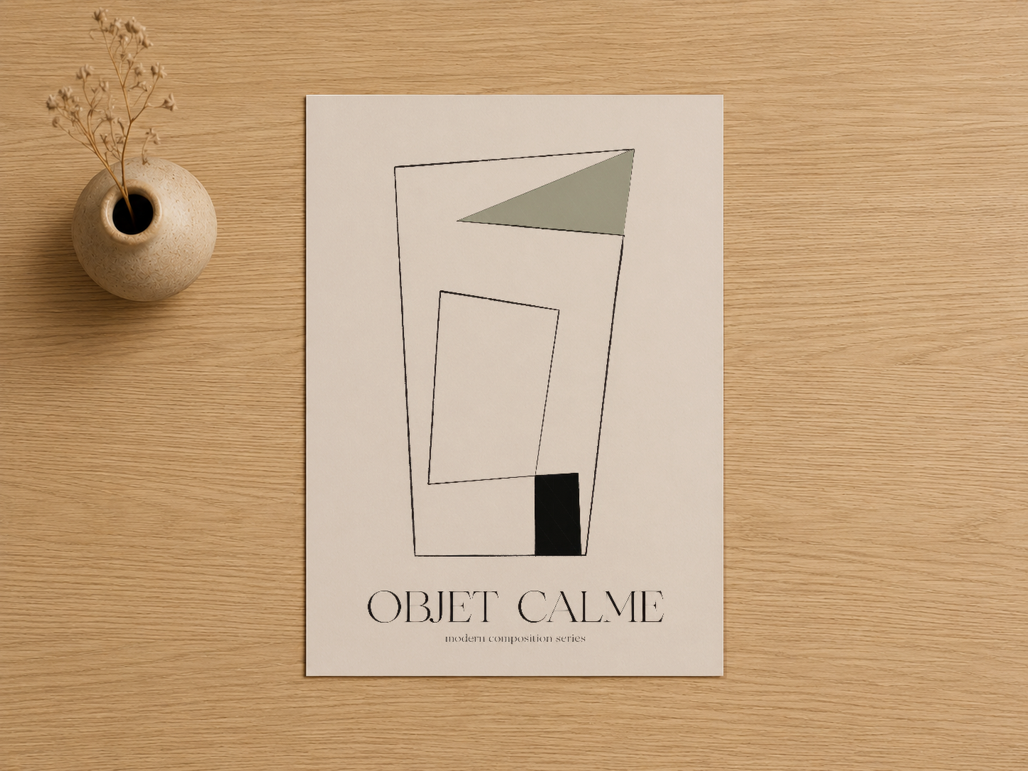 Objet Calme posterinin detaylı görünüşü, geometrik şekiller ve sakin palet ile.