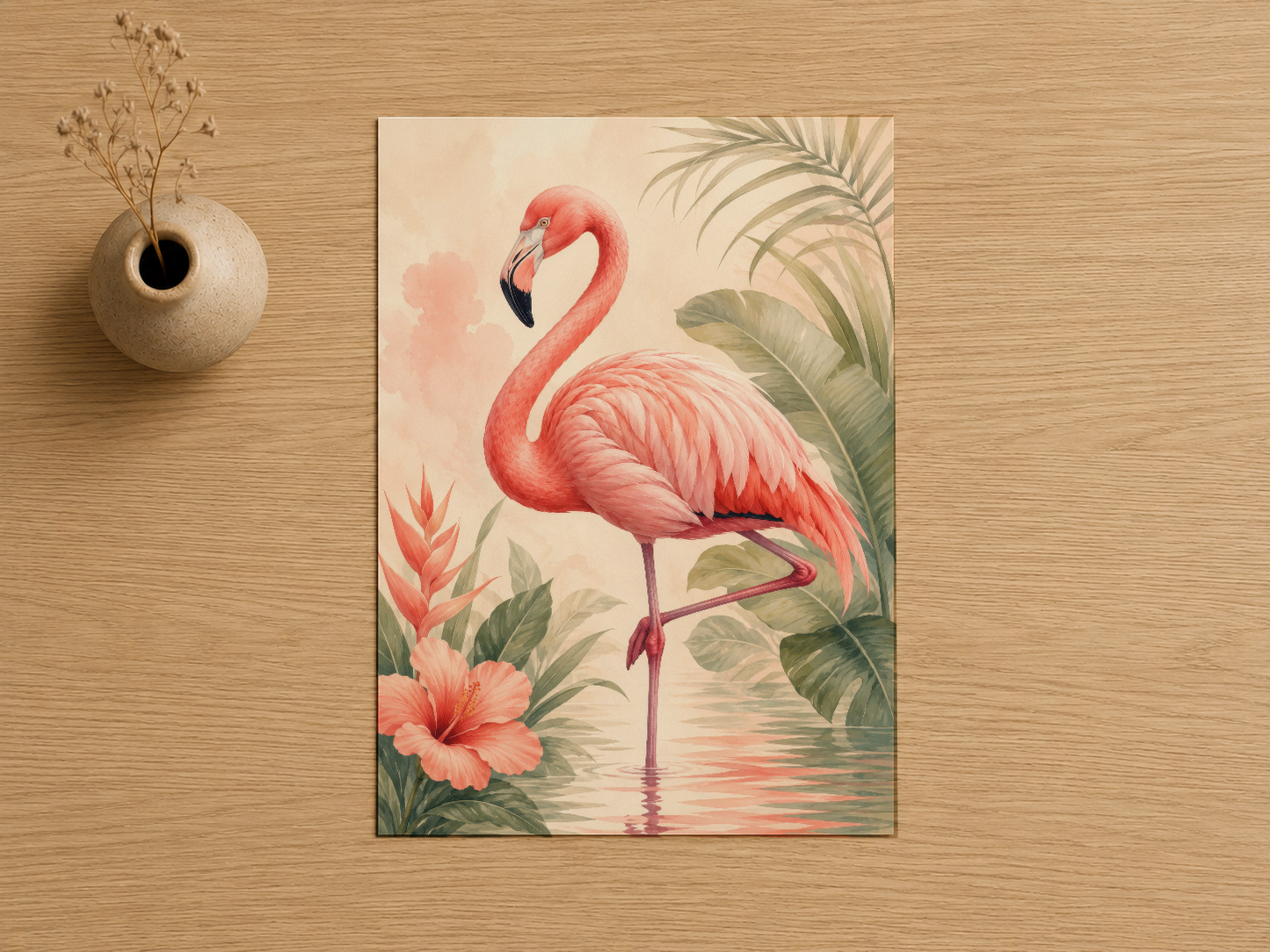 Tropikal su bitkisinde duran pembemsi flamingo, çiçek ve palmiye yapraklarıyla sanatsal baskı tablo.