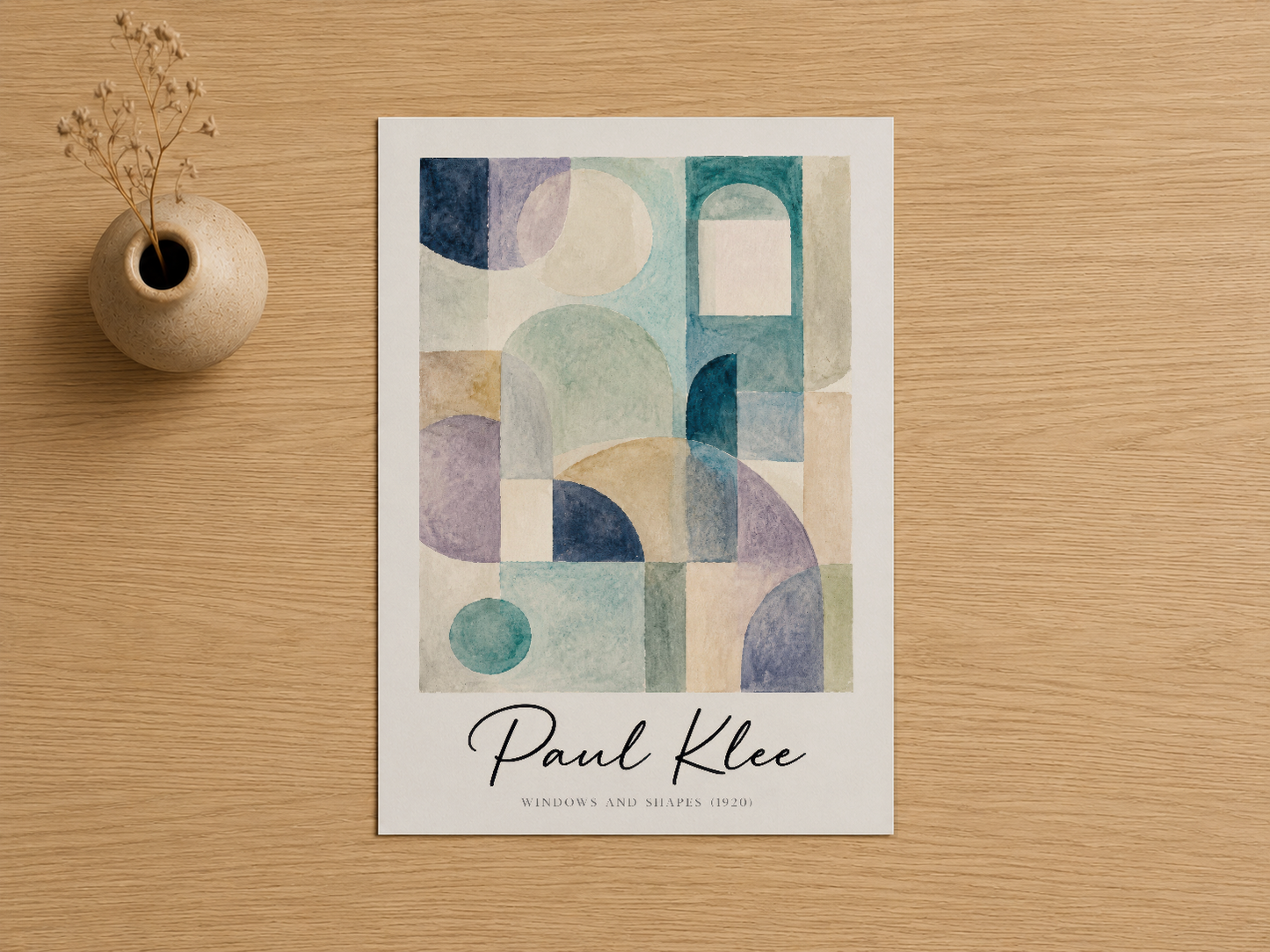 Paul Klee imzası taşıyan renkli soyut tasarım, pencere şekilleri ve geometrik dalgalarla sanat tarihine göndermede bulunuyor.
