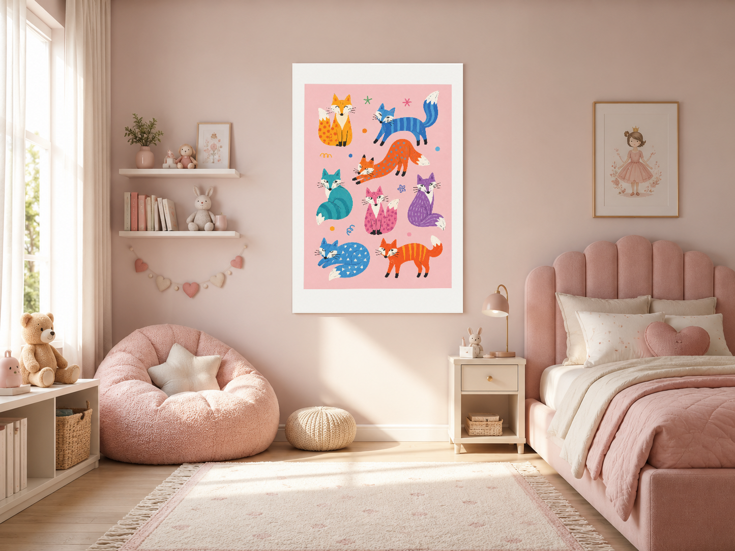 Pembe zemin üzerine renkli kediler ve tilkilerin yer aldığı, kız çocuk yatak odasının duvarını süsleyen tablo.