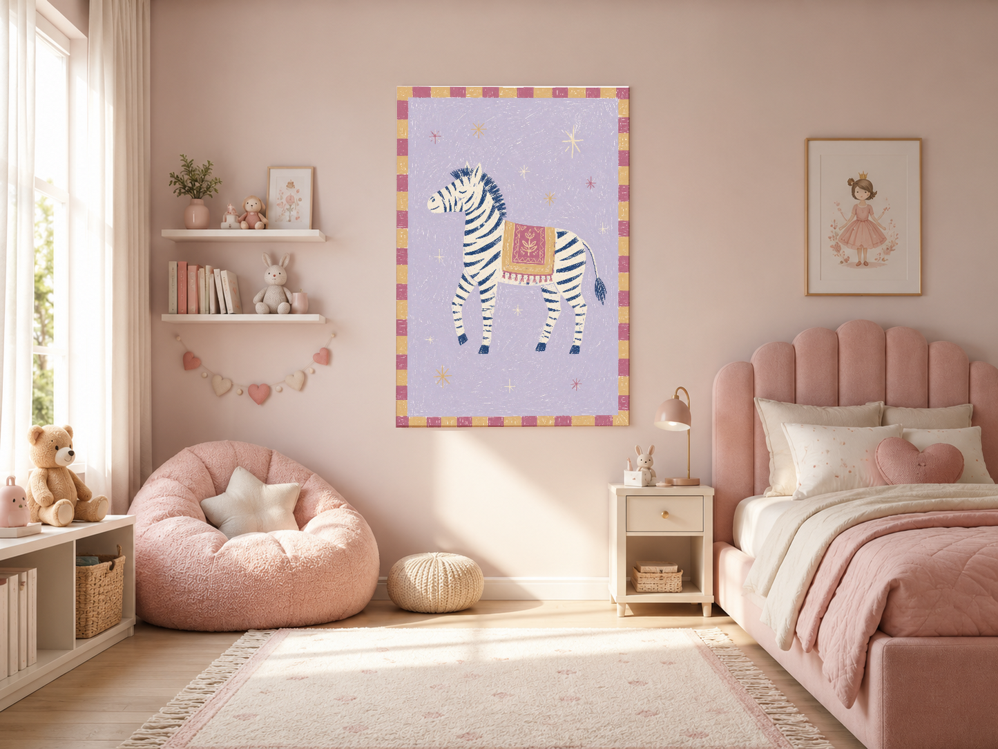 Pembe yatak odasında, zarif zebra illüstrasyonu ve parlak yıldız detaylı sanat baskısı.