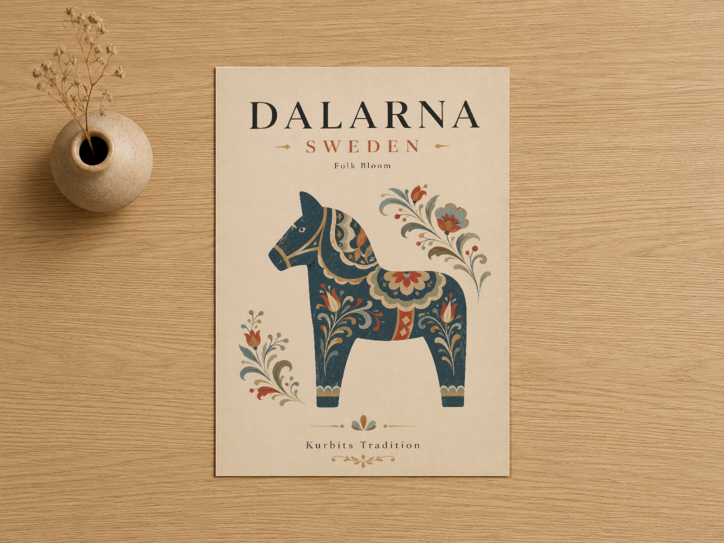 İsveç halk sanatının özünü yansıtan, mavi renkte Dalarna atı ve çiçek motifli tasarımı içeren poster baskı.